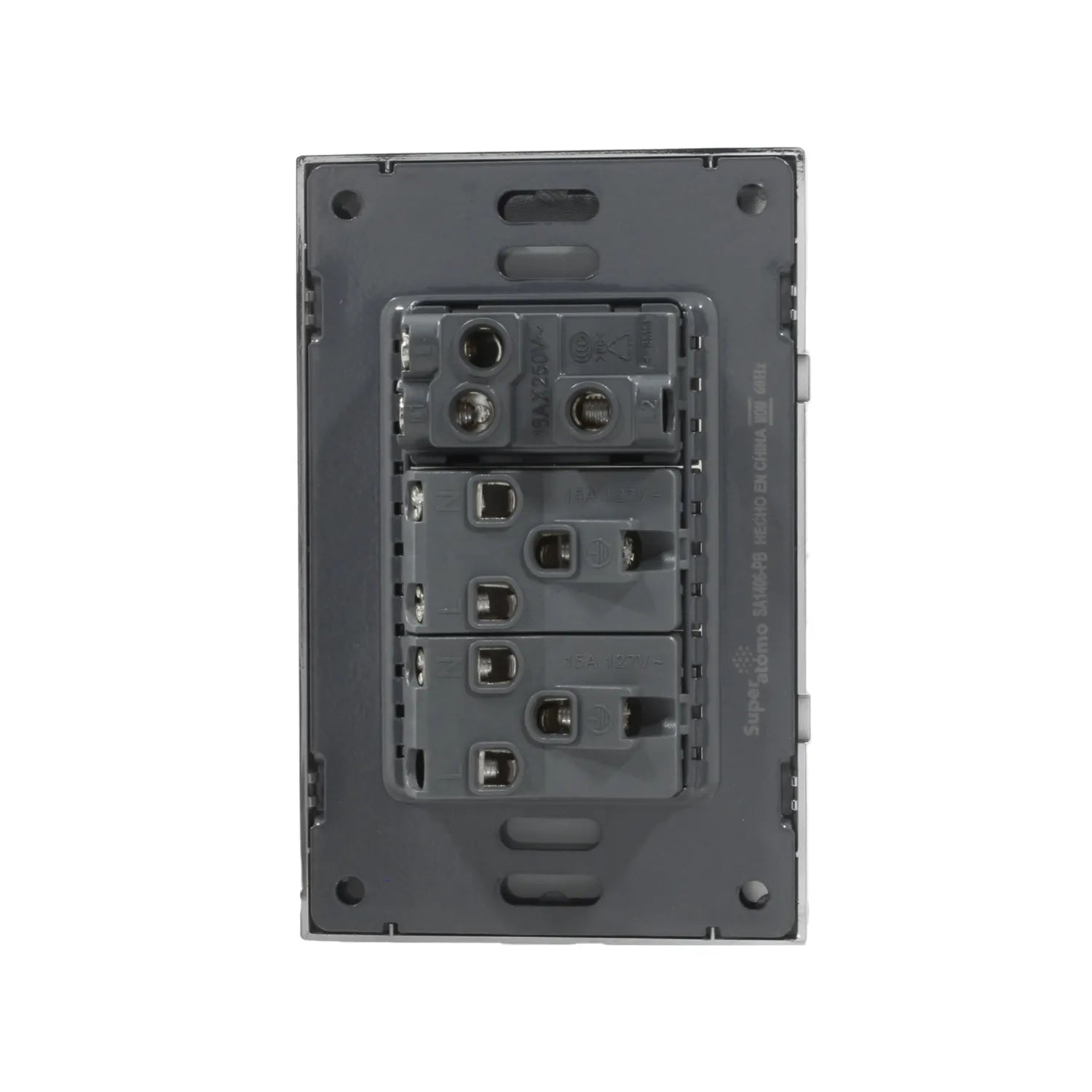 Placa eléctrica Super átomo, vista posterior gris con terminales de un apagador 10A 250V y dos contactos 15A 127V.