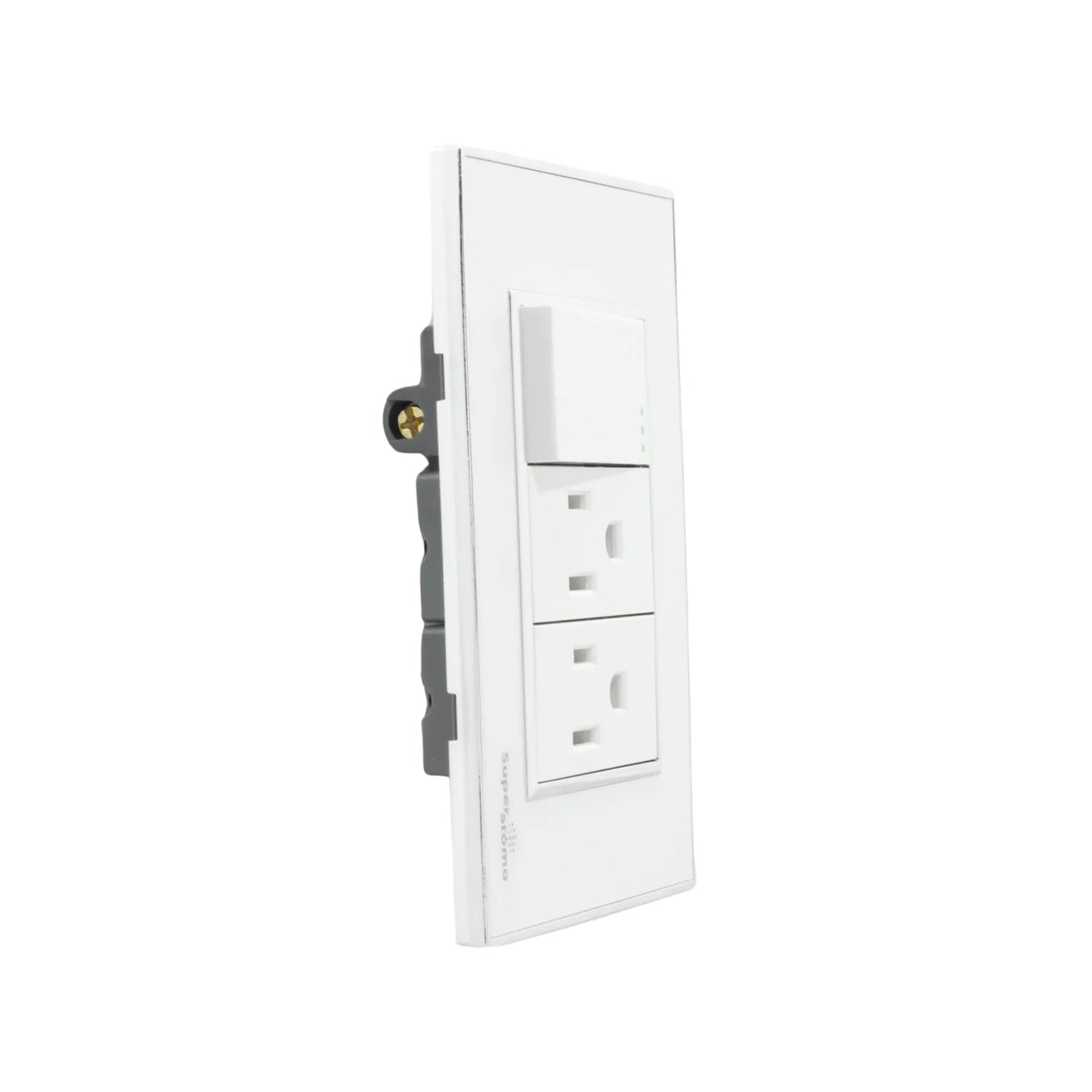 Placa eléctrica blanca Super átomo con 1 apagador de escalera y 2 contactos polarizados, ideal para instalación residencial.