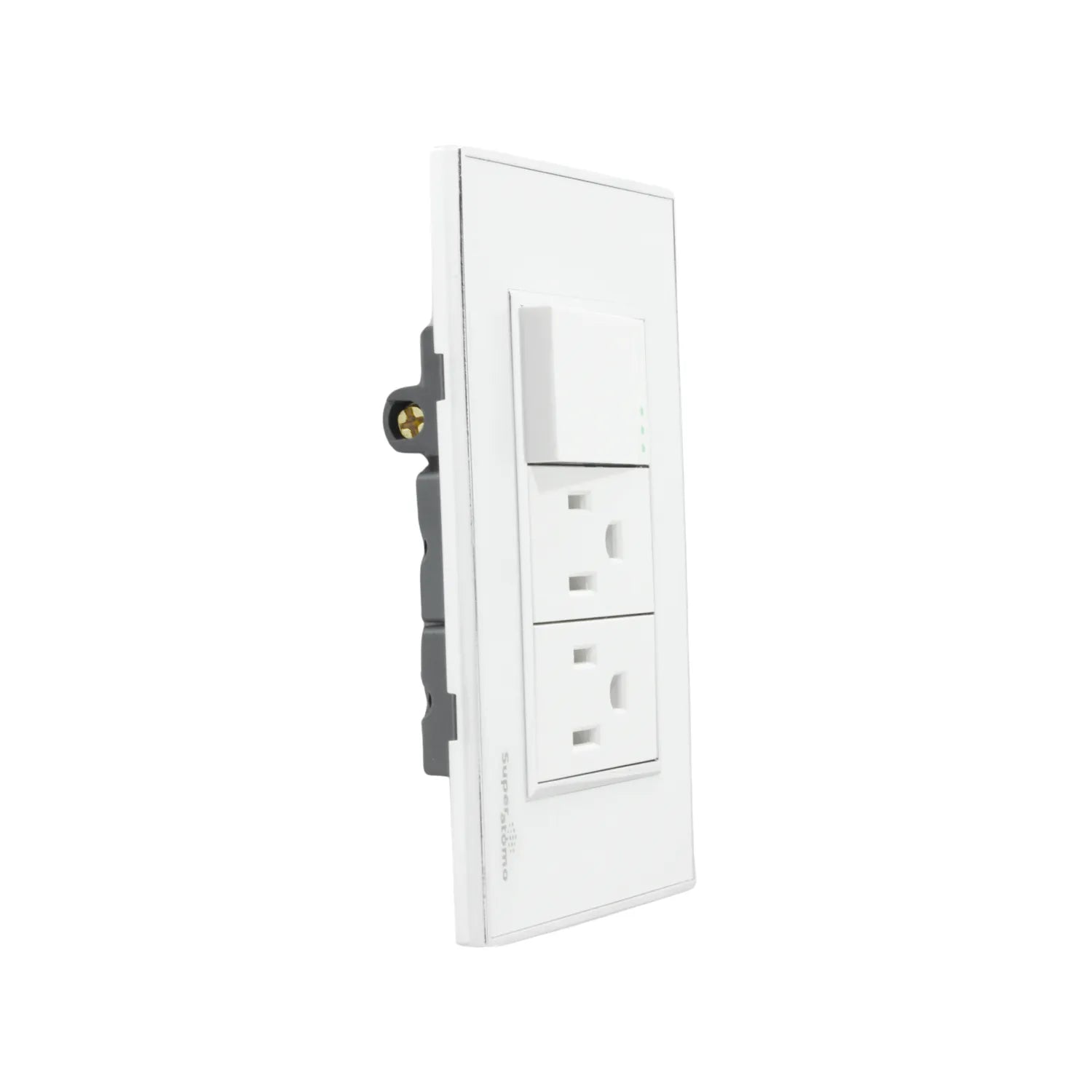 Placa eléctrica blanca Super átomo con 1 apagador de escalera y 2 contactos polarizados, ideal para instalación residencial.