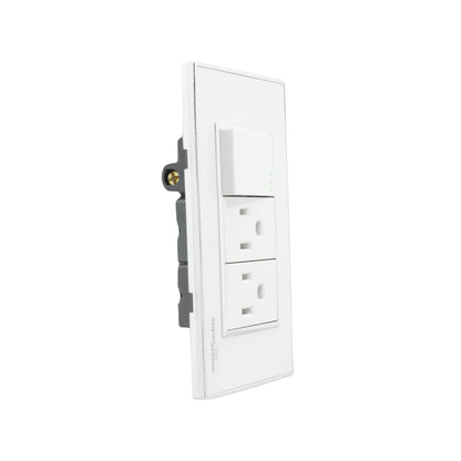 Placa eléctrica blanca Super átomo con 1 apagador de escalera y 2 contactos polarizados, ideal para instalación residencial.