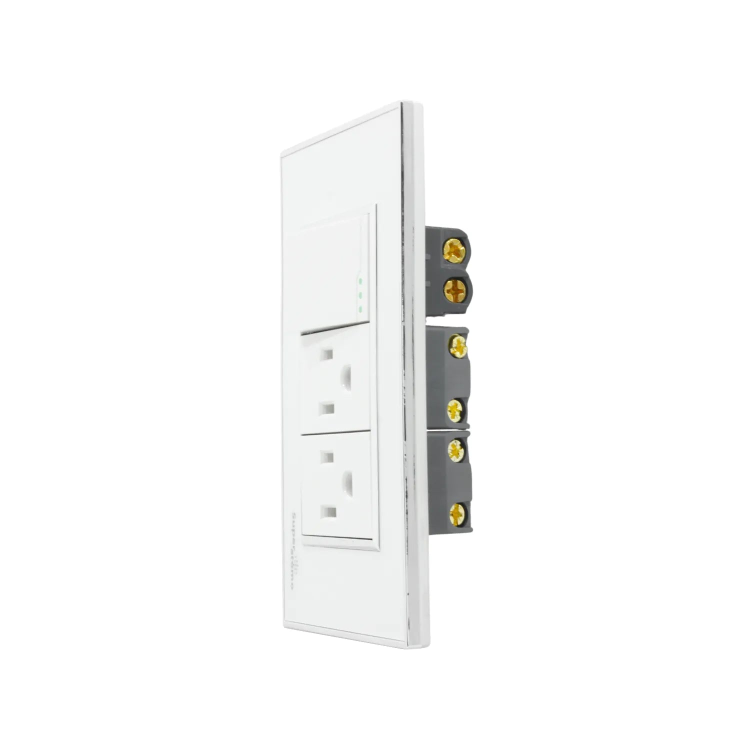 Placa eléctrica blanca Super átomo con apagador de escalera con LED y 2 tomas de corriente polarizadas para pared.