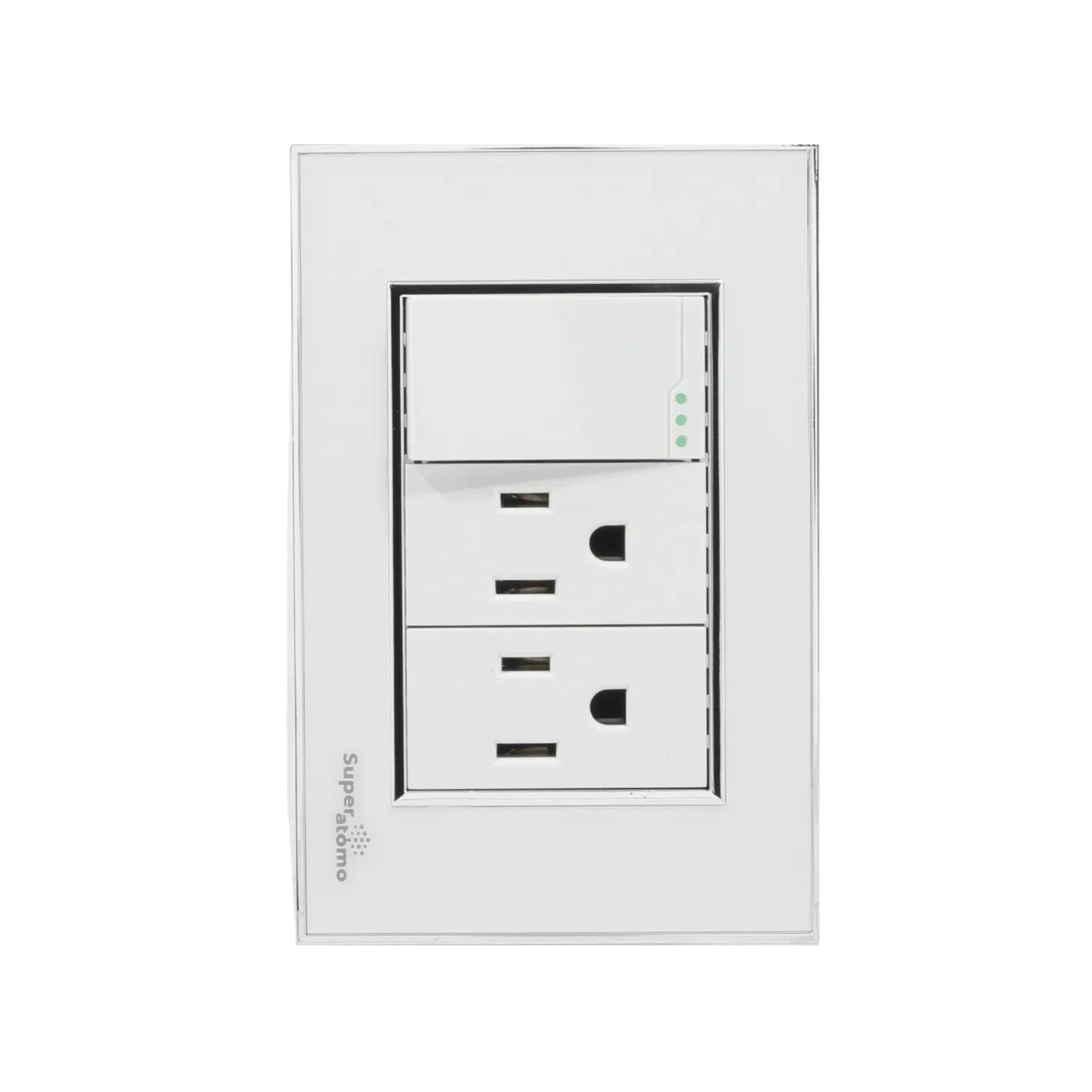 Placa eléctrica blanca Super átomo con 1 apagador escalera y 2 contactos polarizados, ideal para hogar y oficina