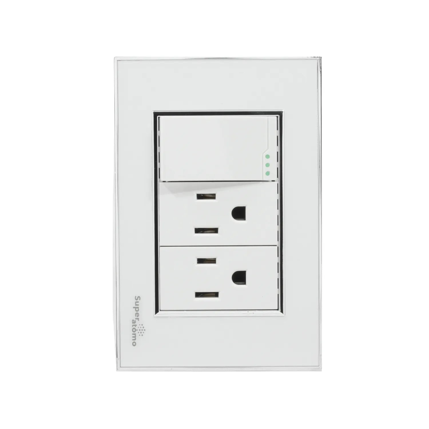 Placa eléctrica blanca Super átomo con 1 apagador escalera y 2 contactos polarizados, ideal para hogar y oficina