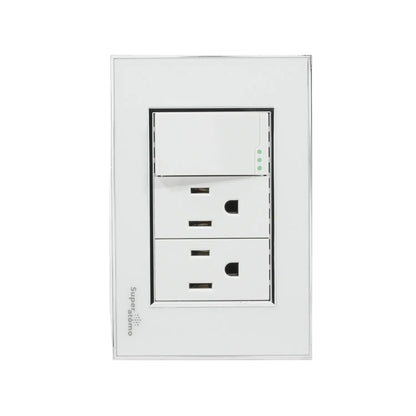 Placa eléctrica blanca Super átomo con 1 apagador escalera y 2 contactos polarizados, ideal para hogar y oficina