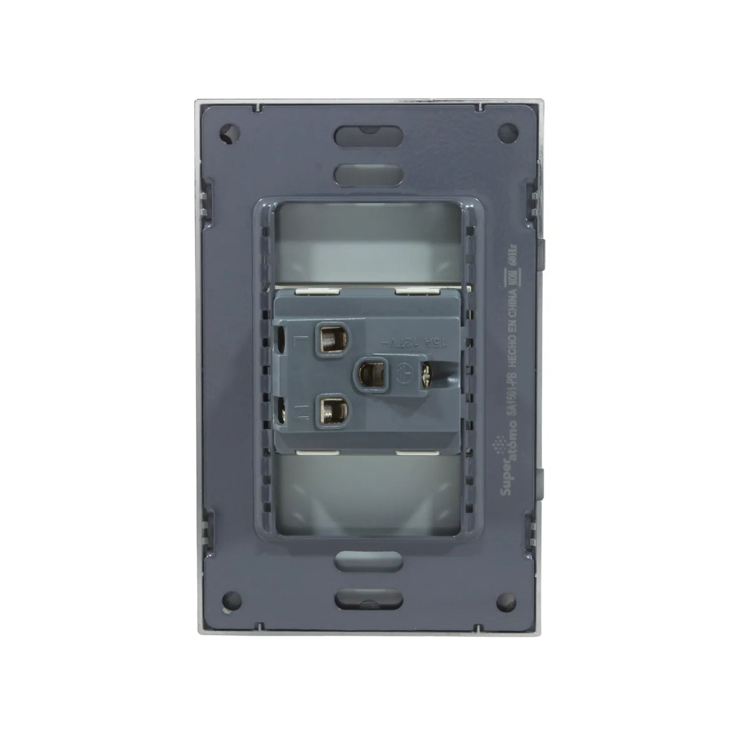 Placa toma corriente Super átomo SA1501-PB gris, 1 contacto, 15A 127V, vista trasera para instalación.