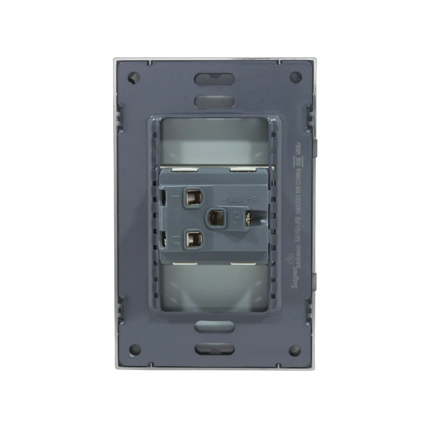 Placa toma corriente Super átomo SA1501-PB gris, 1 contacto, 15A 127V, vista trasera para instalación.
