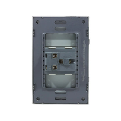 Placa toma corriente Super átomo SA1501-PB gris, 1 contacto, 15A 127V, vista trasera para instalación.