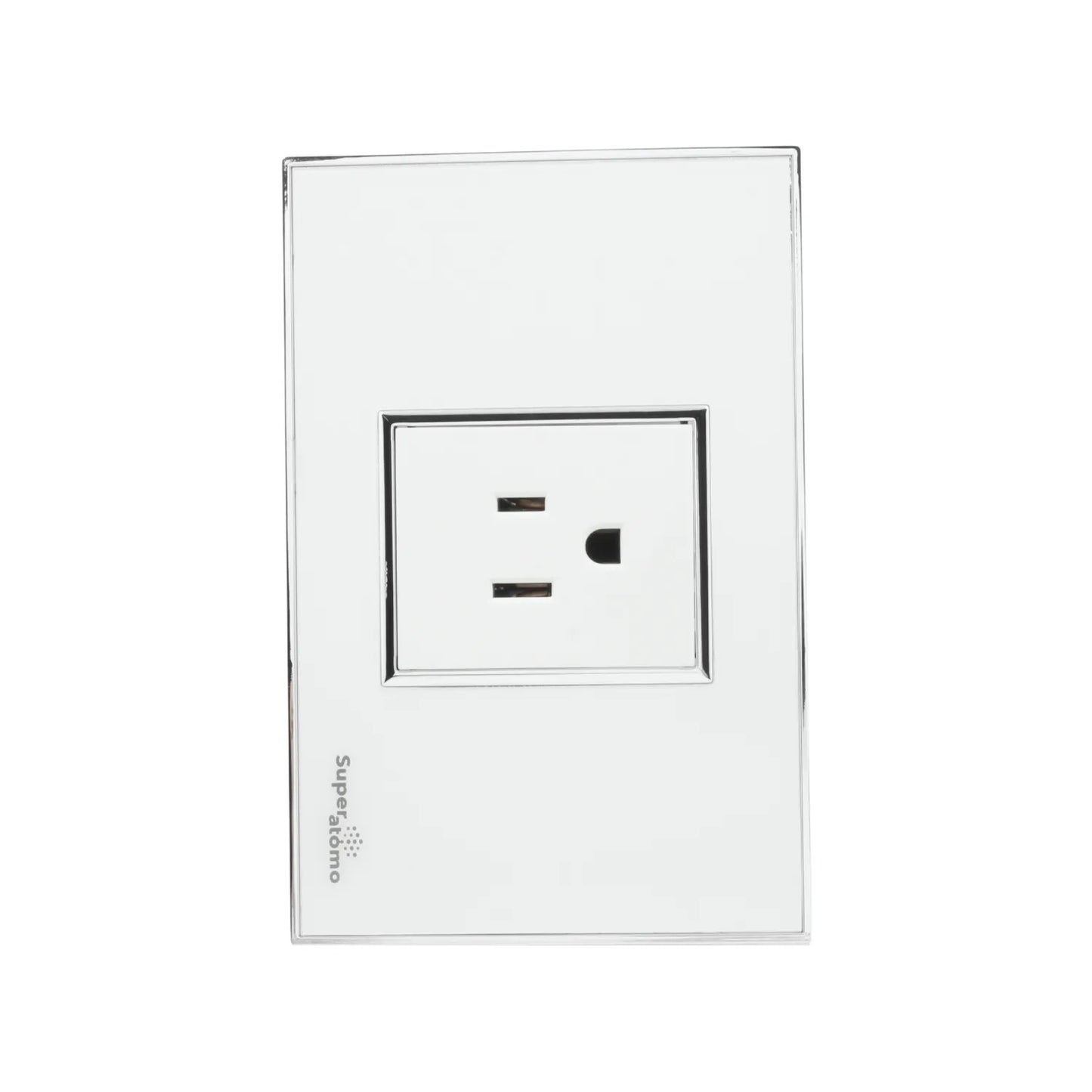 Placa Super átomo blanca para tomacorriente de 1 contacto. Acabado moderno con bordes cromados.