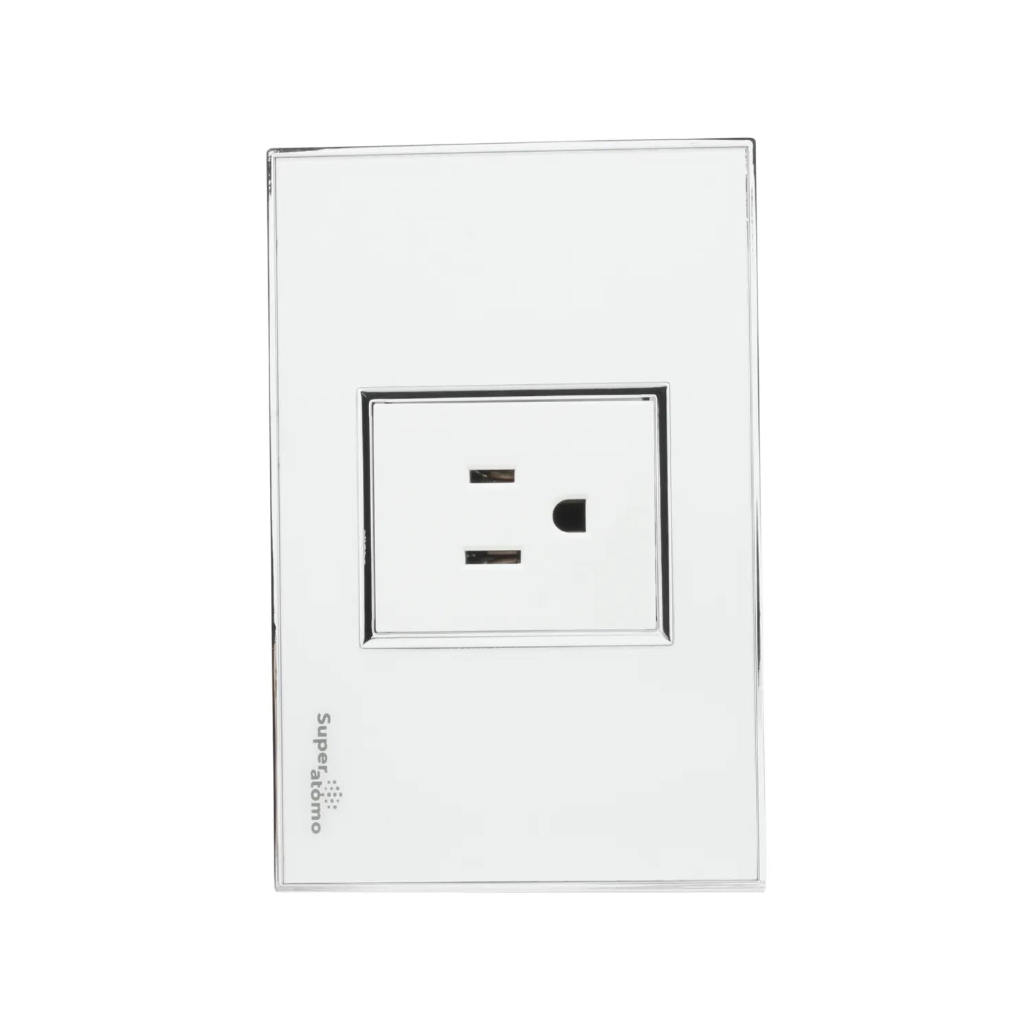 Placa Super átomo blanca para tomacorriente de 1 contacto. Acabado moderno con bordes cromados.