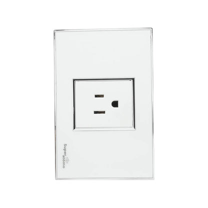Placa Super átomo blanca para tomacorriente de 1 contacto. Acabado moderno con bordes cromados.