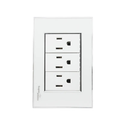 Placa Super átomo blanca de 3 contactos, tomacorriente polarizado para instalación eléctrica.