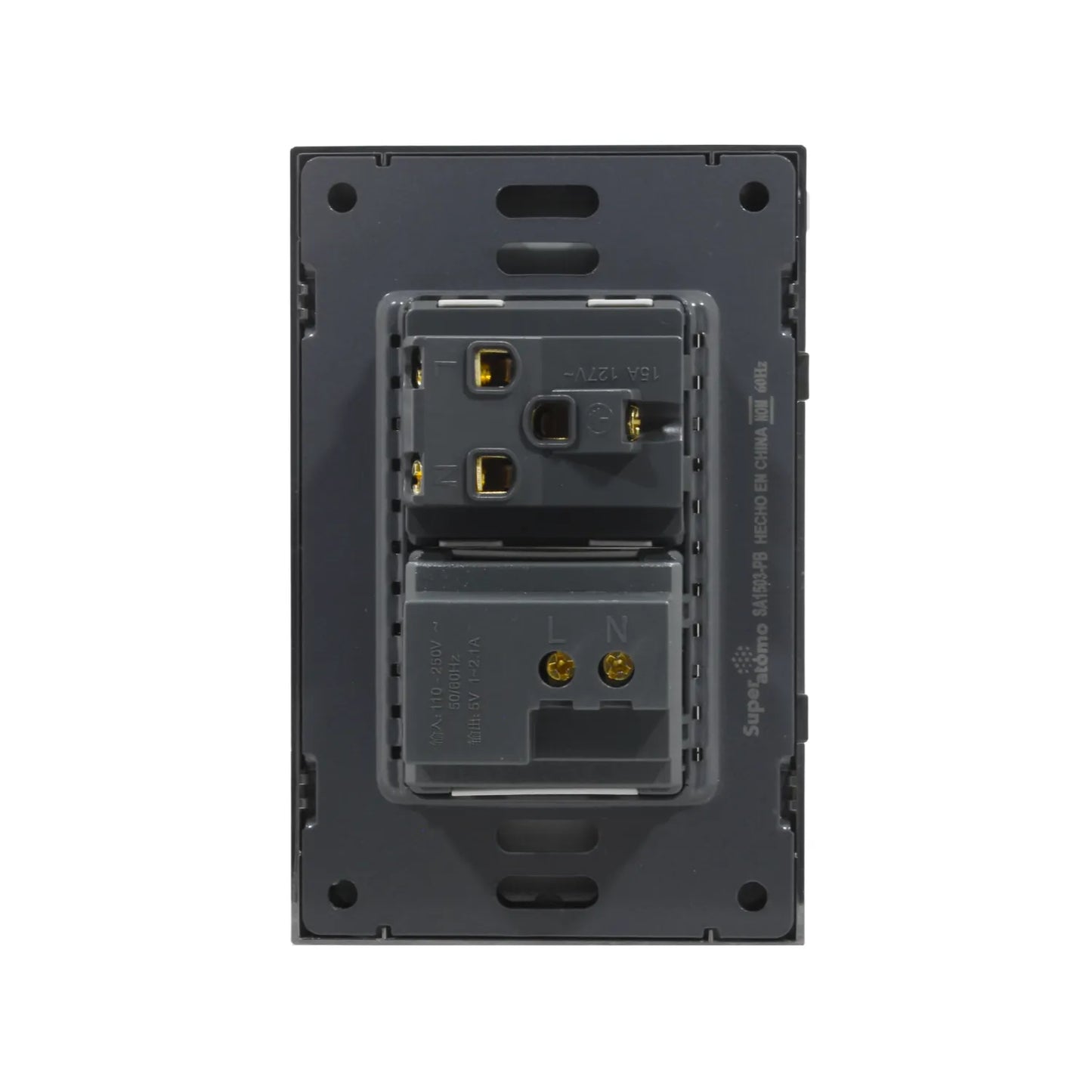 Placa eléctrica Super átomo SA1503-PB con 1 contacto de 15A 127V y módulos cargadores USB/Tipo C de 5V 2.1A, gris oscuro.