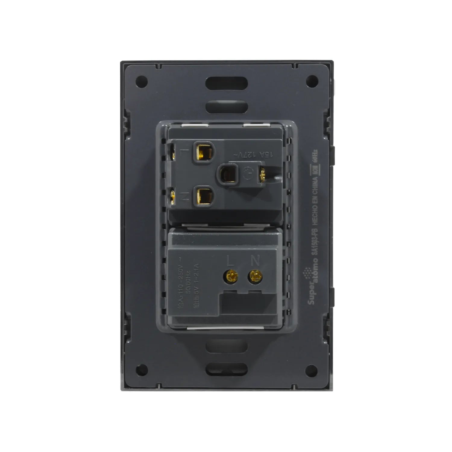 Placa eléctrica Super átomo SA1503-PB con 1 contacto de 15A 127V y módulos cargadores USB/Tipo C de 5V 2.1A, gris oscuro.