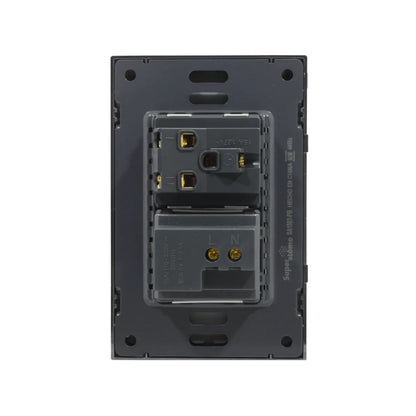 Placa eléctrica Super átomo SA1503-PB con 1 contacto de 15A 127V y módulos cargadores USB/Tipo C de 5V 2.1A, gris oscuro.