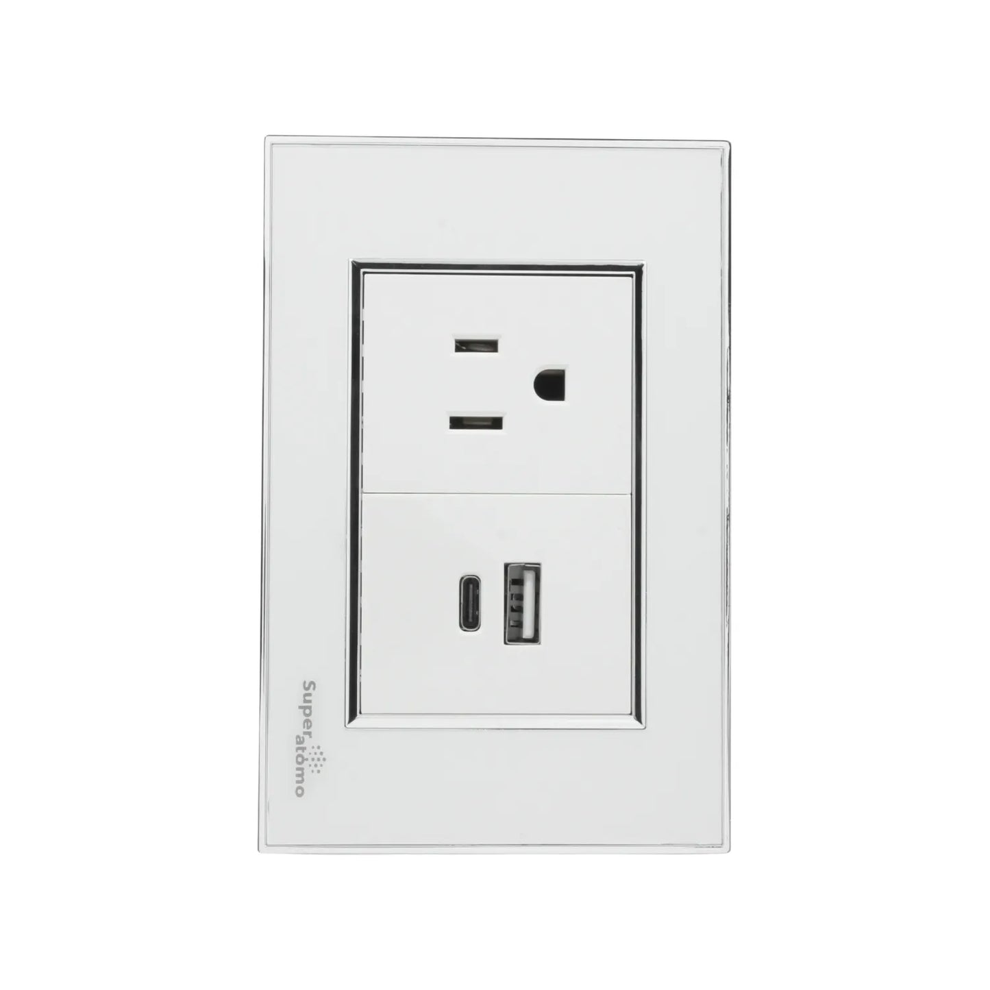 Placa tomacorriente blanca Super átomo con 2 salidas AC, puerto USB-A y USB-C para cargar dispositivos.