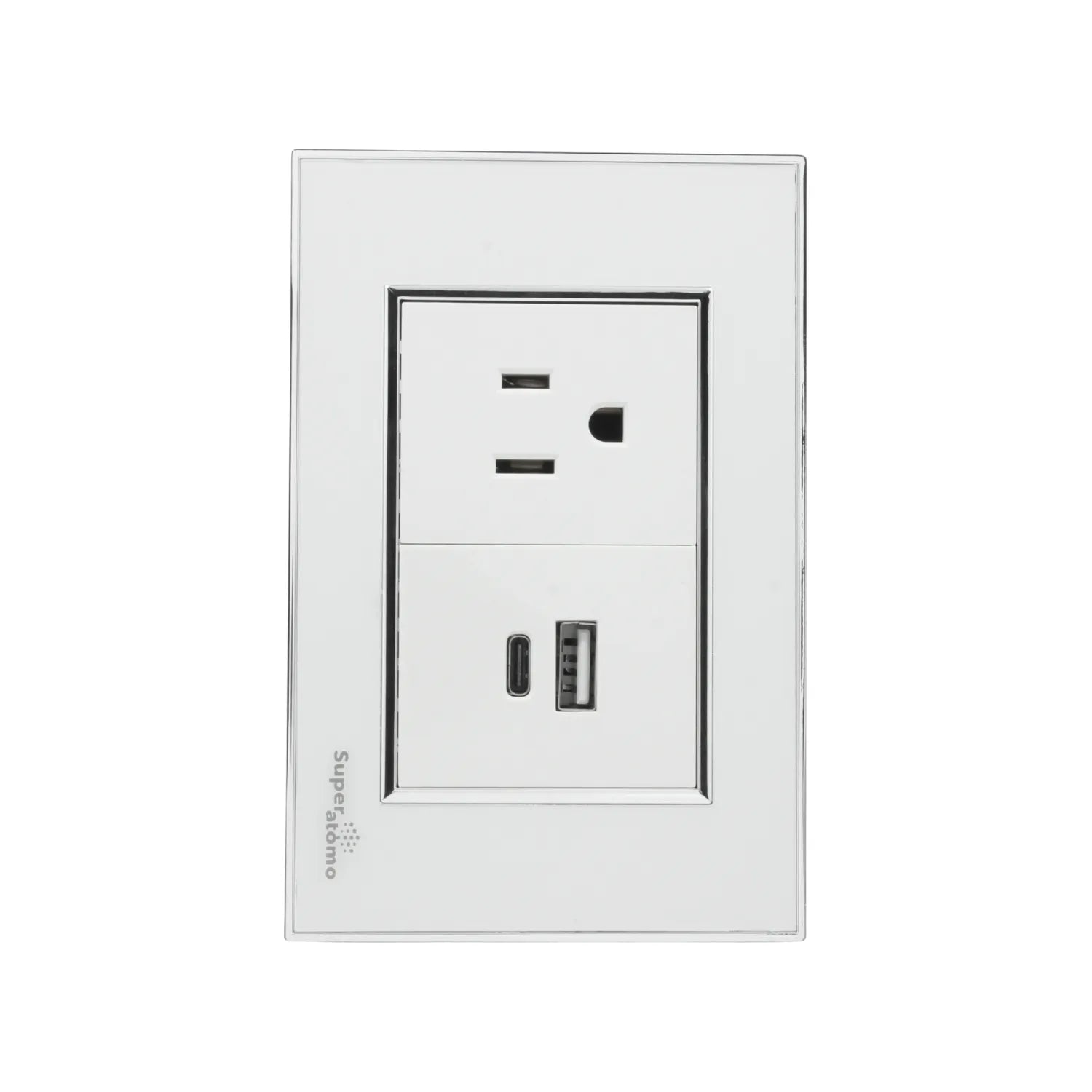 Placa tomacorriente blanca Super átomo con 2 salidas AC, puerto USB-A y USB-C para cargar dispositivos.