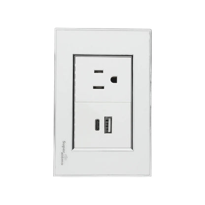 Placa tomacorriente blanca Super átomo con 2 salidas AC, puerto USB-A y USB-C para cargar dispositivos.