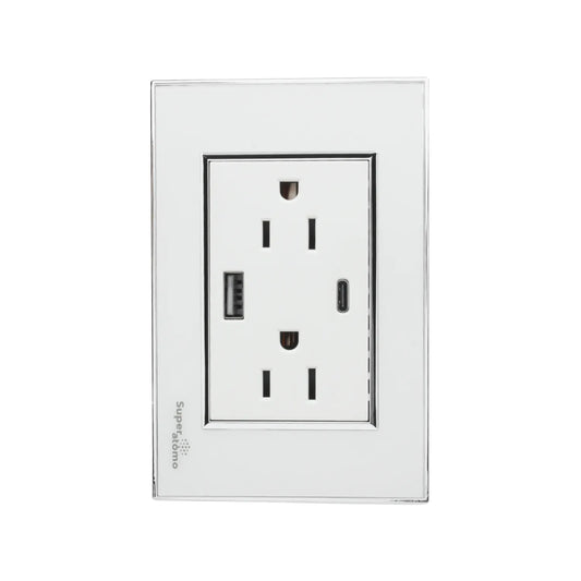 Placa de pared blanca Super átomo con 2 contactos eléctricos, USB-A y USB-C para carga de dispositivos