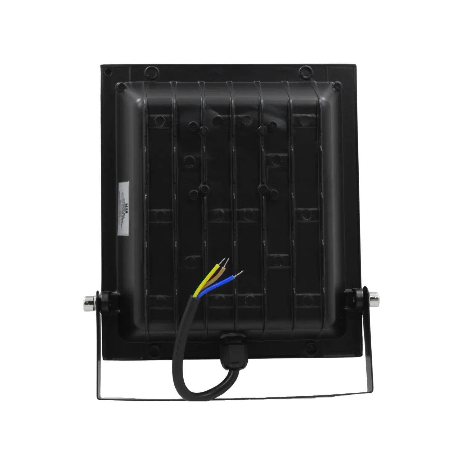 Reflector LED negro robusto para exteriores, con soporte ajustable y cableado para fácil instalación.