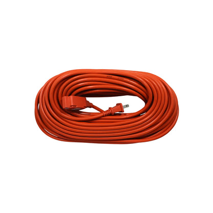 Cable de extensión naranja enrollado con enchufe de 3 puntas y 3 tomas con conexión a tierra para uso rudo.