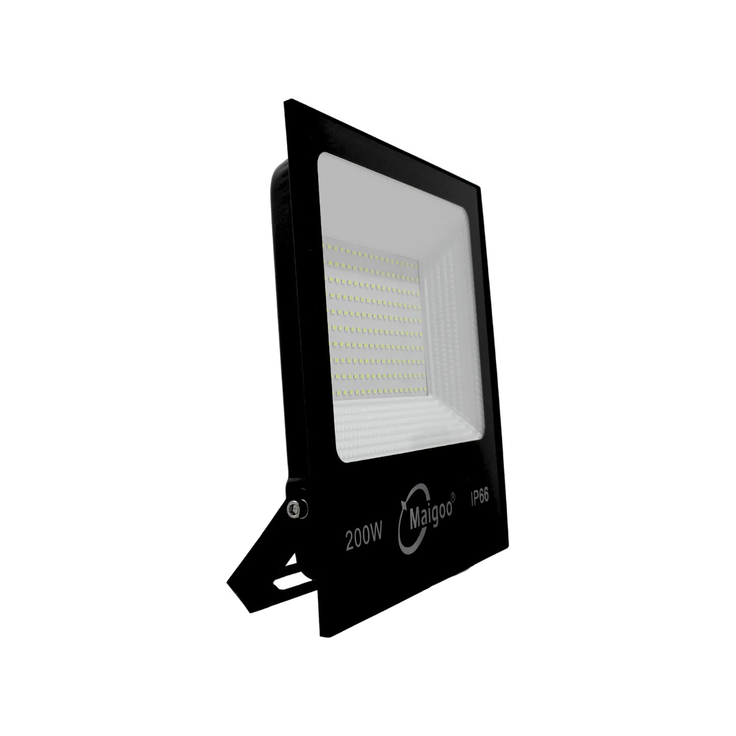 Reflector LED 200W Maigoo negro con protección IP66 para iluminación de exteriores y soporte ajustable de alta potencia