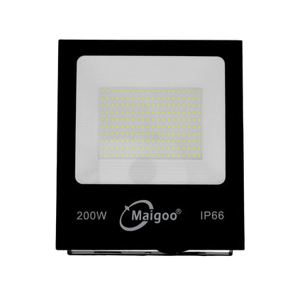 Reflector LED 200W Maigoo IP66 para exterior luz blanca potente y carcasa negra impermeable
