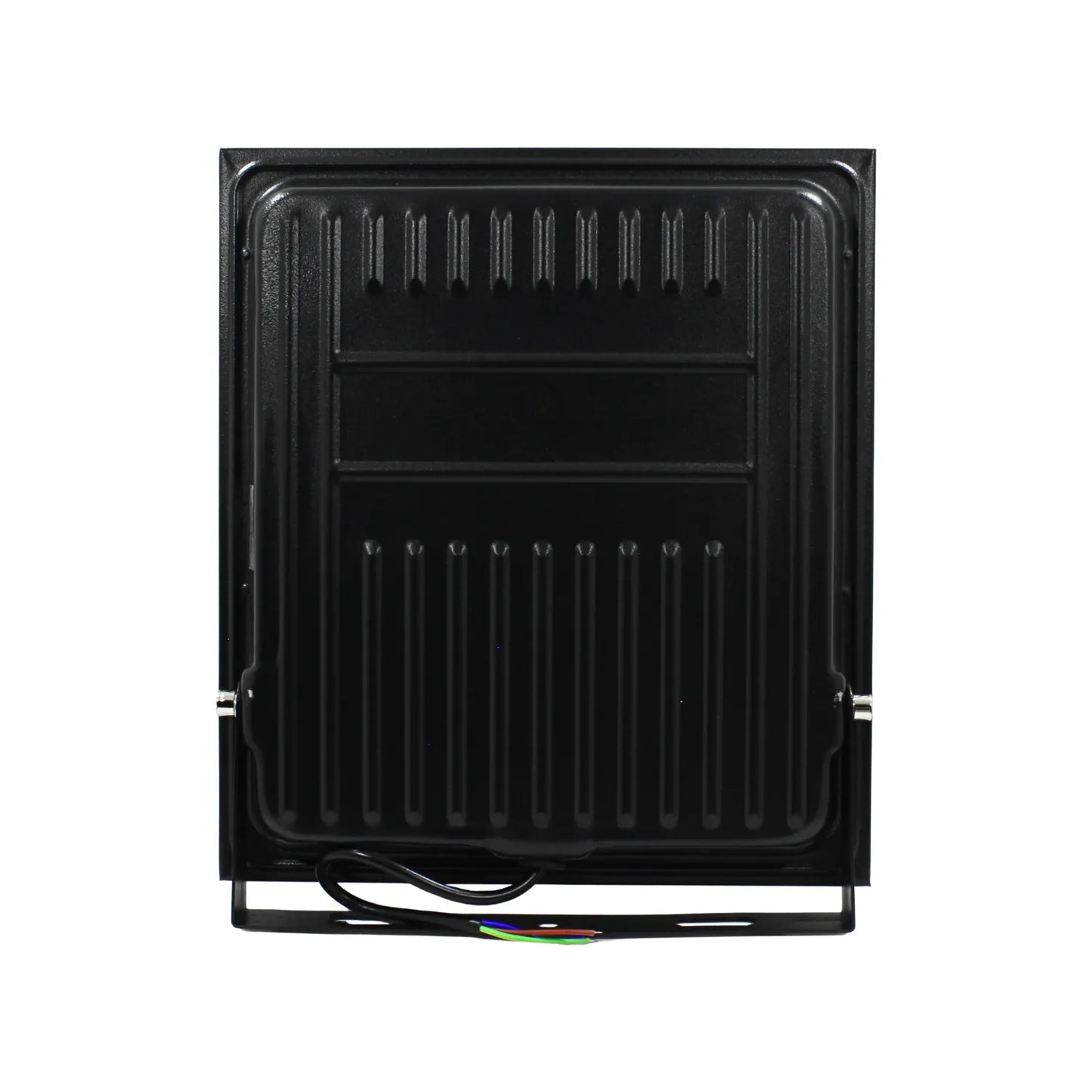 Foco proyector LED exterior negro con disipador térmico trasero, soporte ajustable y cables para instalación eléctrica.