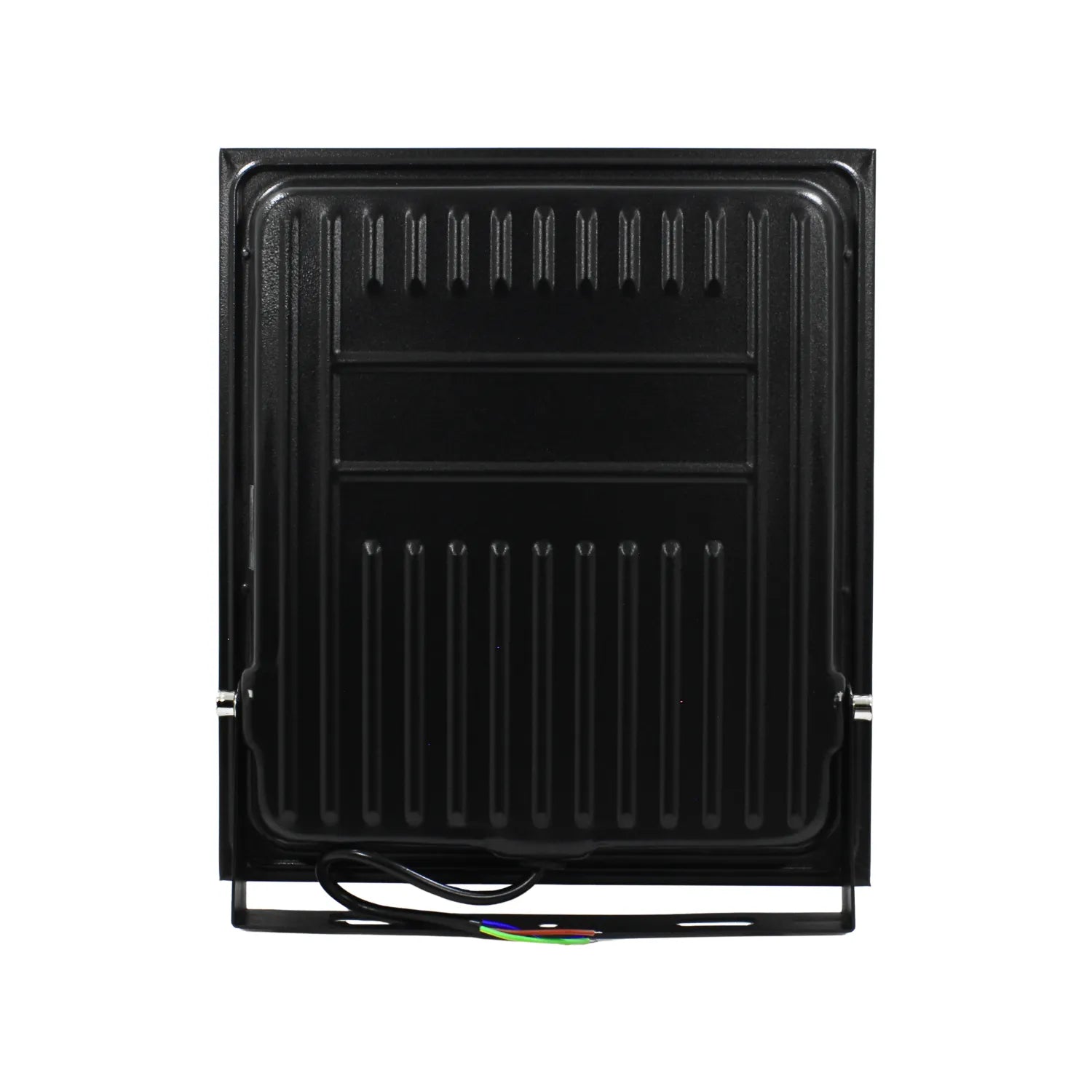 Foco proyector LED exterior negro con disipador térmico trasero, soporte ajustable y cables para instalación eléctrica.