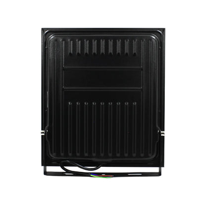 Foco proyector LED exterior negro con disipador térmico trasero, soporte ajustable y cables para instalación eléctrica.