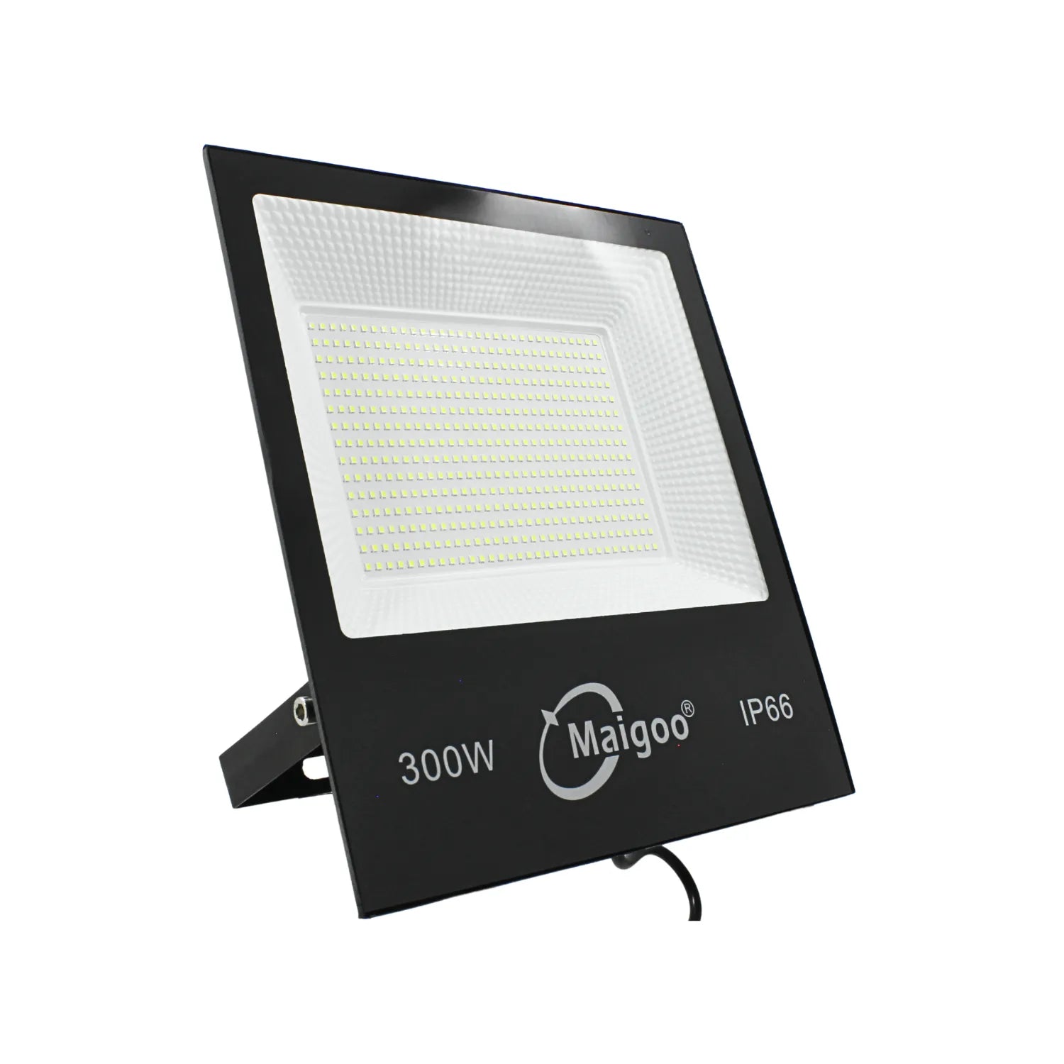 Reflector LED Maigoo 300W IP66 negro para iluminación exterior e industrial de alta potencia.