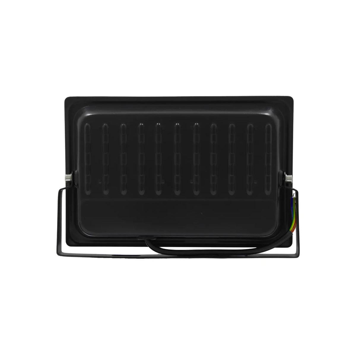 Proyector LED exterior negro vista trasera con disipador de calor y soporte metálico para montaje en pared