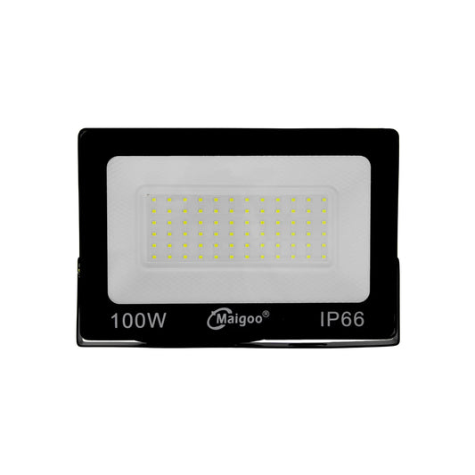 Proyector LED Maigoo 100W IP66 exterior color negro para iluminación potente de fachadas y jardines.