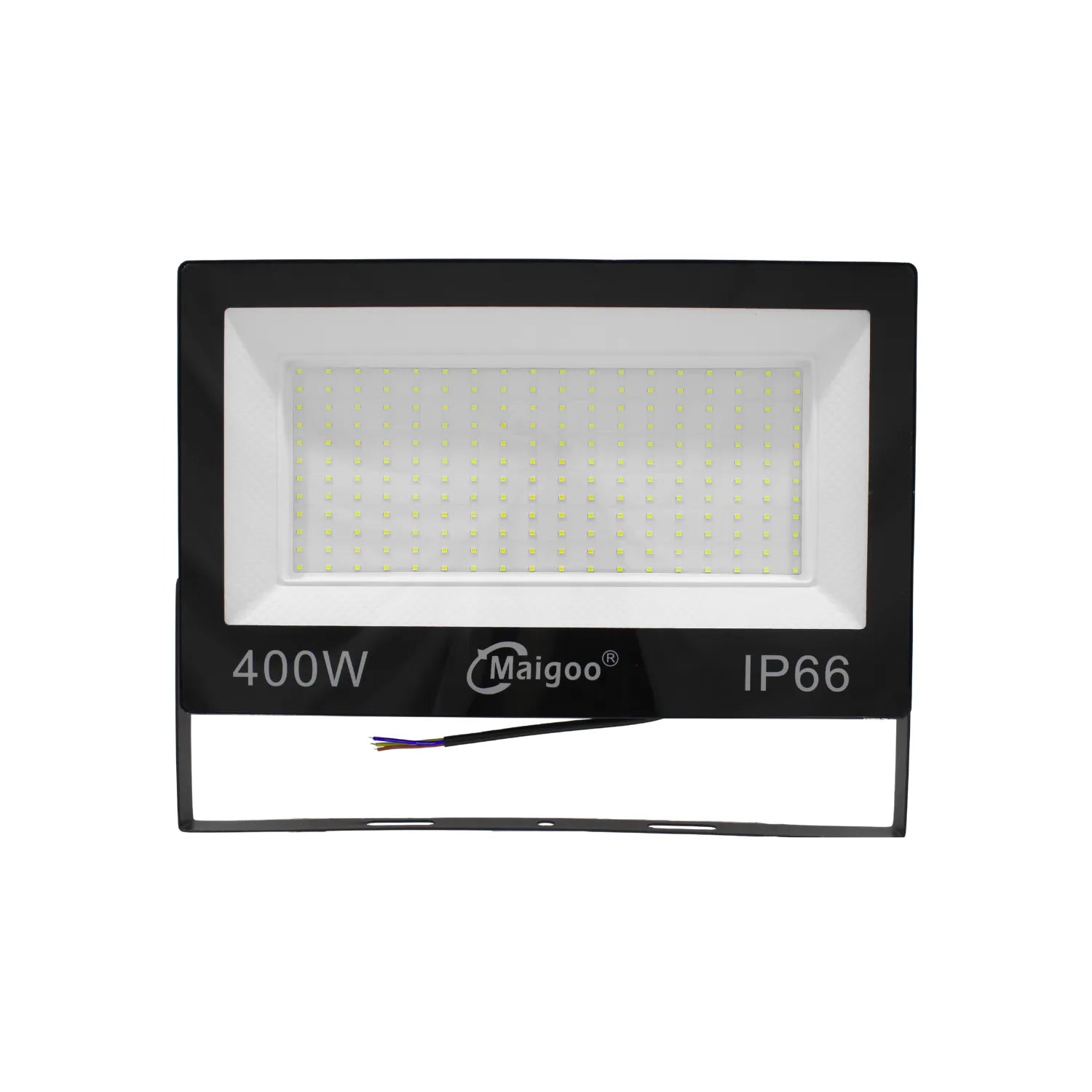 Reflector LED 400W Maigoo IP66 proyector exterior luz blanca potente color negro para iluminación industrial.