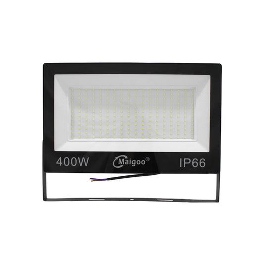 Reflector LED 400W Maigoo IP66 proyector exterior luz blanca potente color negro para iluminación industrial.