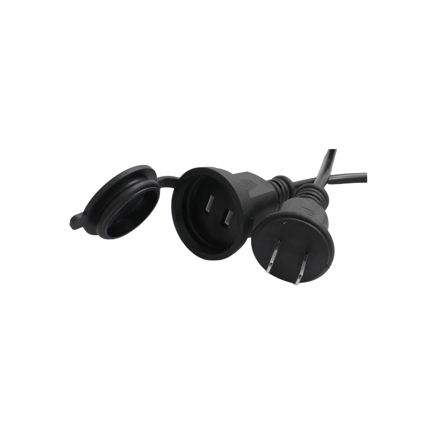 Extensión eléctrica negra de 2 polos con tapa protectora de seguridad para uso en exteriores.