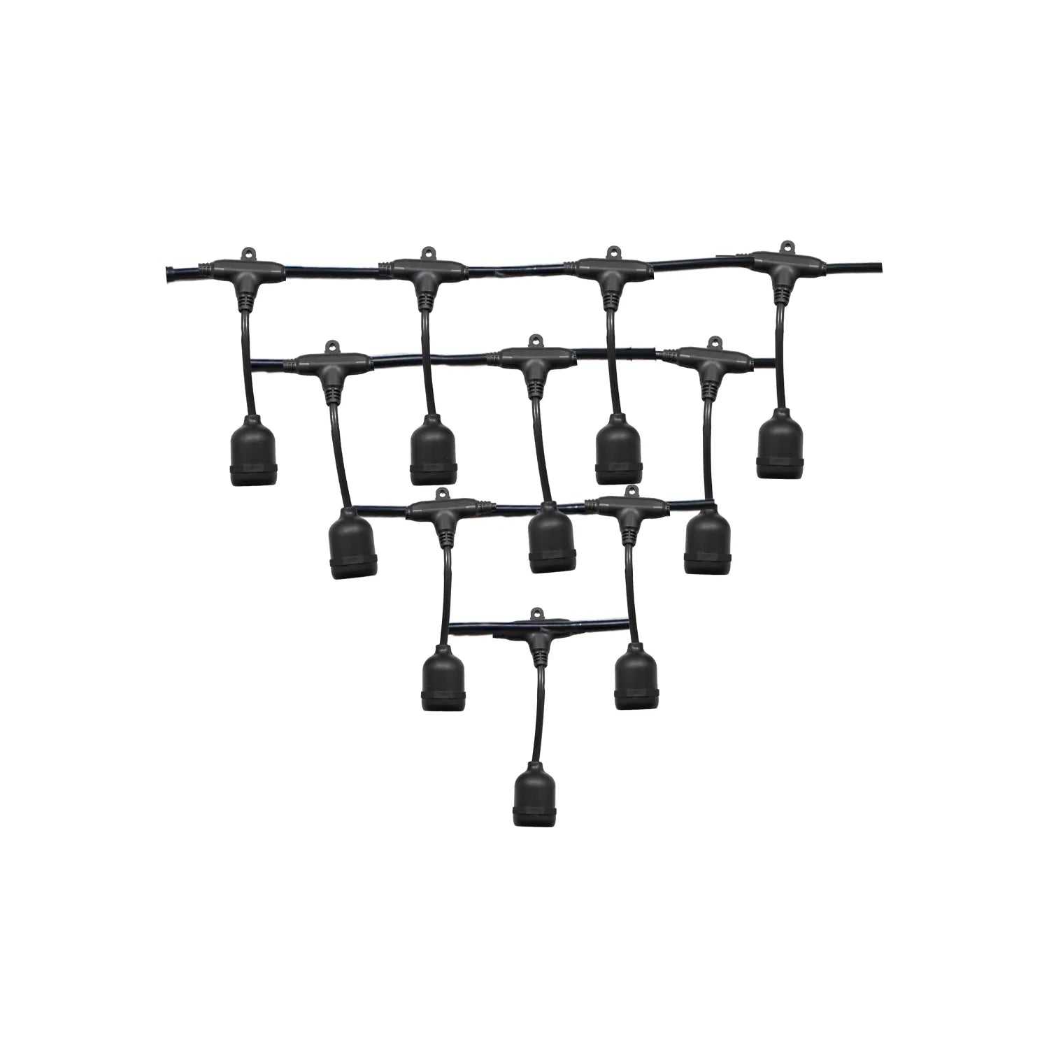 Guirnalda de luces negra para exterior con soquetes colgantes y ojales para fijación en terrazas y jardines.