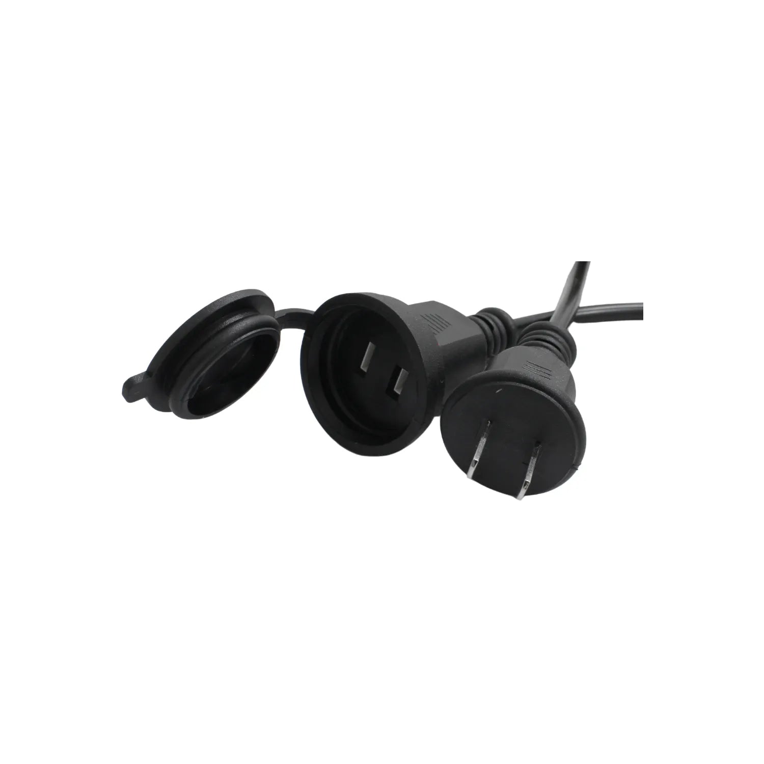 Extensión eléctrica negra con tapa de seguridad impermeable y enchufe de 2 polos para exterior