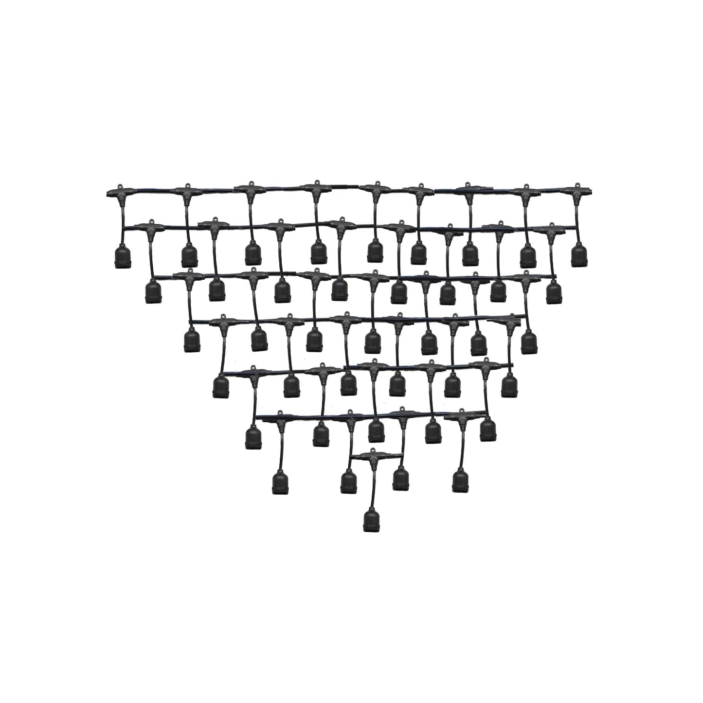 Guirnalda de luces exterior con soquetes negros colgantes para iluminación decorativa de patios y jardines.