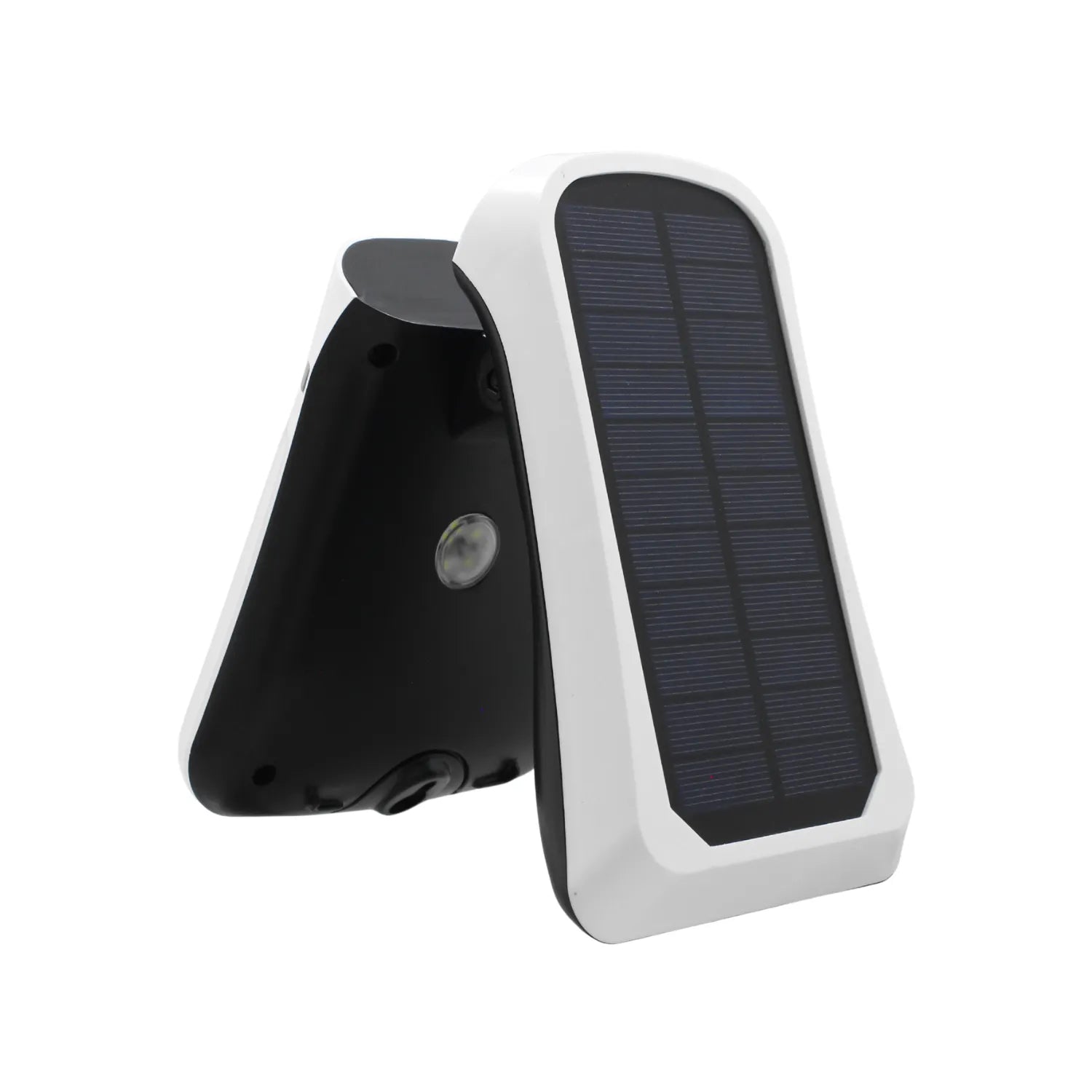 Foco solar LED exterior con sensor de movimiento y panel de carga solar diseño plegable blanco y negro.