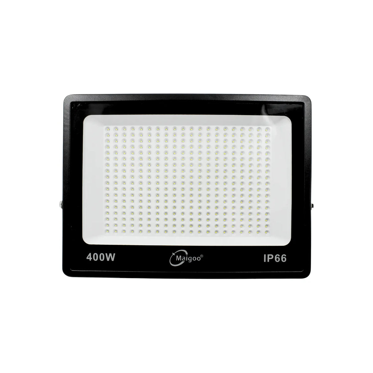 Reflector LED Maigoo 400W IP66 negro para exteriores, iluminación potente y resistente al agua y polvo.