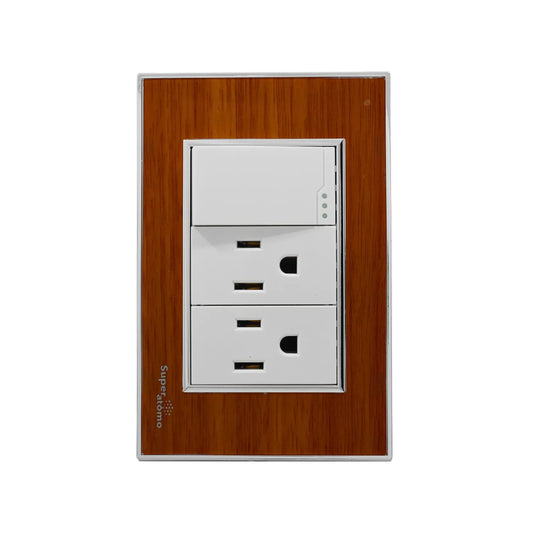 Apagador y doble contacto Super átomo con placa decorativa acabado madera y borde cromado para pared