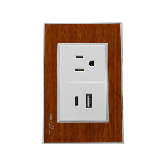 Tomacorriente Superatómo acabado madera con puerto USB-C y USB-A para carga de dispositivos electrónicos.