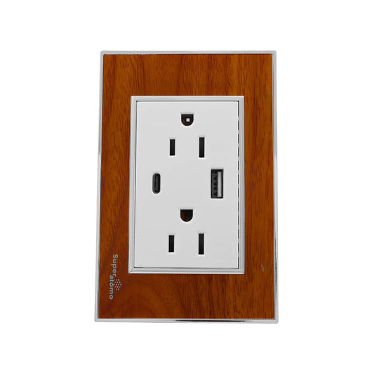 Tomacorriente doble Super Atomo acabado madera con puertos USB y USB-C integrados para pared