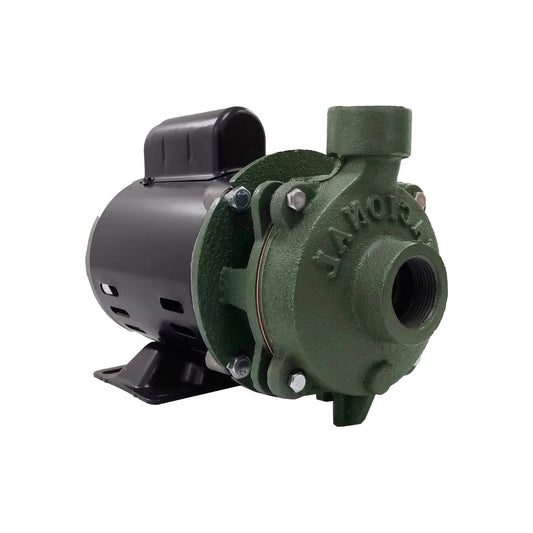 Bomba de agua centrífuga 3/4 HP con motor eléctrico negro y carcasa verde.