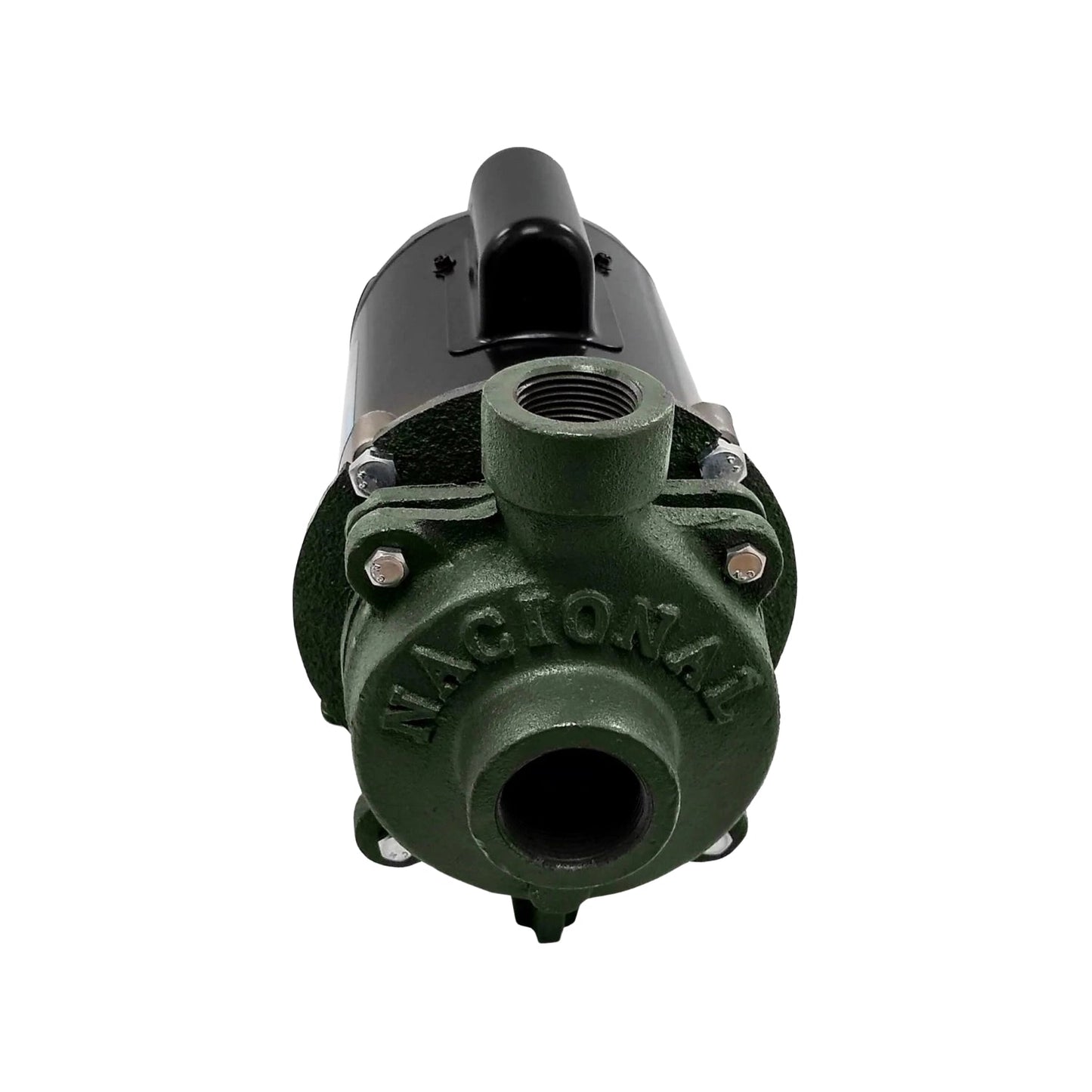 Bomba de agua centrífuga Nacional, cuerpo verde y motor negro, conexiones roscadas.