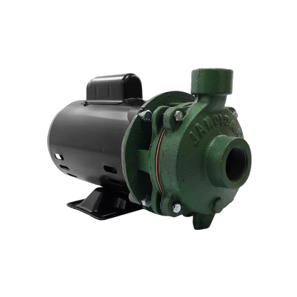 Bomba centrífuga de agua con motor eléctrico negro y carcasa de hierro fundido verde.