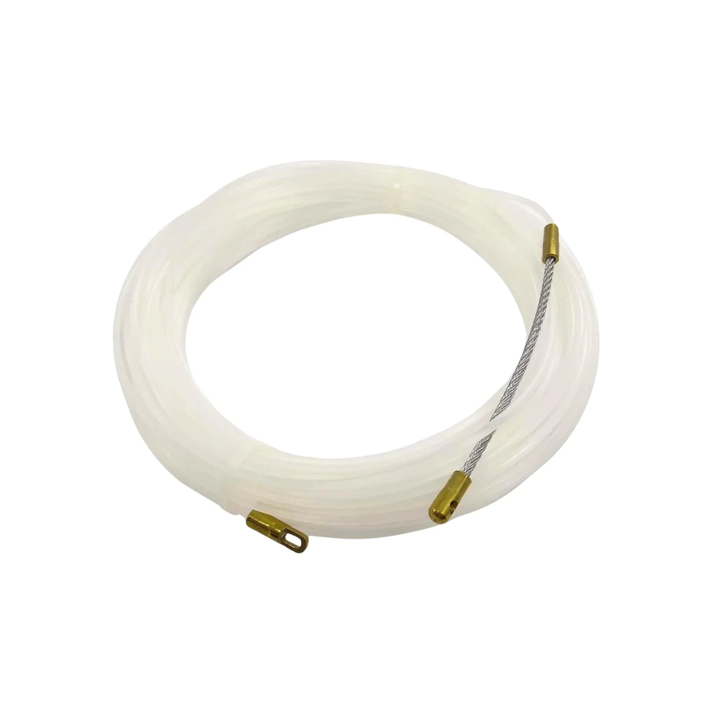Guía pasacables de nylon monofilamento translúcido blanco, 10m, con punteras de latón para instalación eléctrica