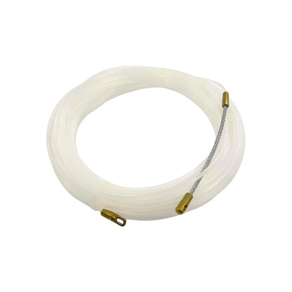 Guía pasacables de nylon monofilamento translúcido blanco, 10m, con punteras de latón para instalación eléctrica