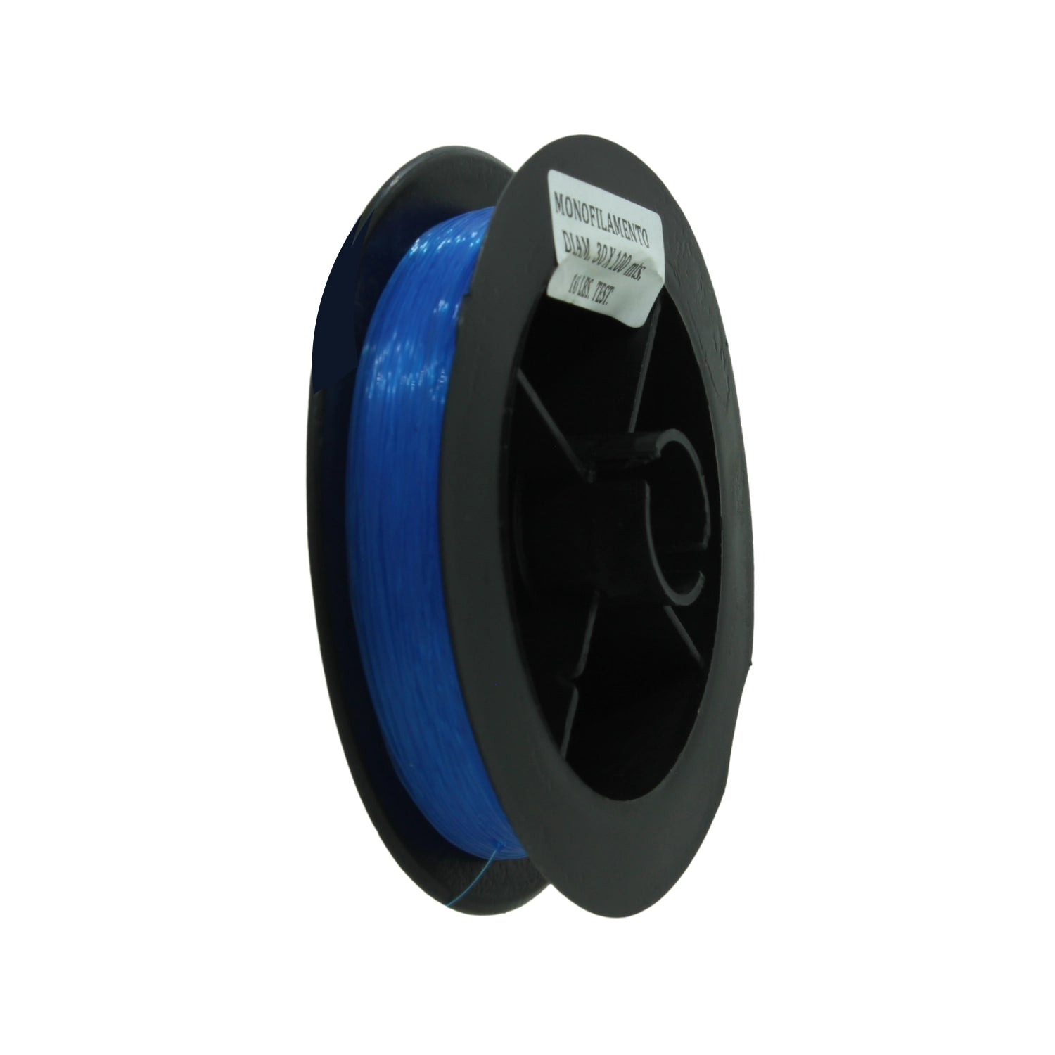 Hilo de pescar monofilamento azul .30mm x 100m, 16 LBS. Test, en carrete para equipo de pesca deportiva.
