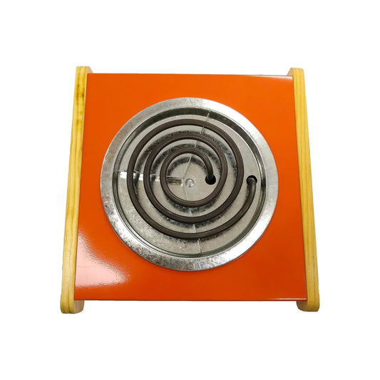 Parrilla eléctrica portátil 1 quemador, resistencia espiral, base naranja y soportes de madera clara.